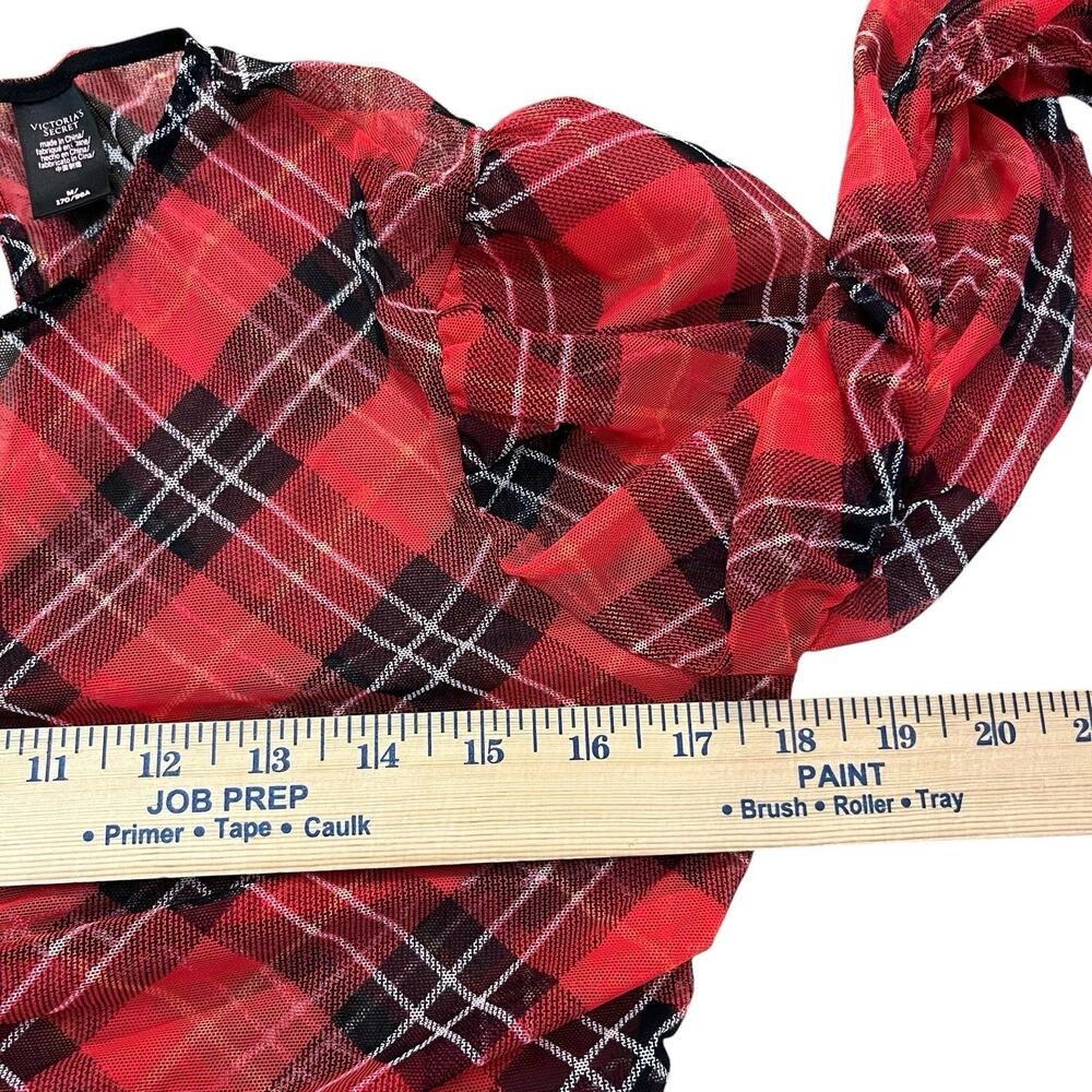 Victorias Secret Sheer Tartan Plaid Mesh Bodysuit Medium Ruched Long Sleeve Red - Picture 9 of 9